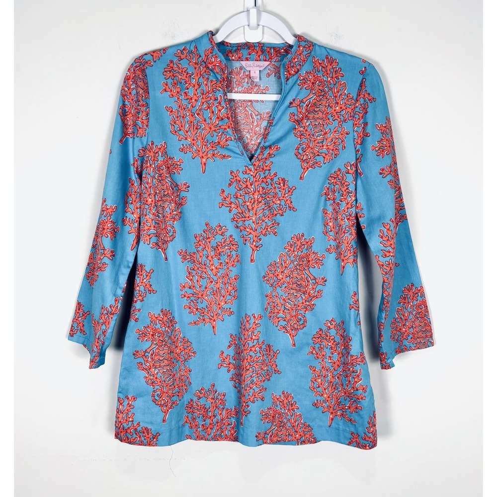 Lilly Pulitzer Teal Blue Coral Pink Reef Ciara Longsleeve Side Zip Tunic Size Sm